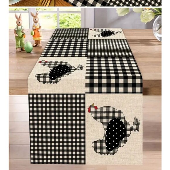 Chicken Table Runner 13x72in Linen Black and Off White Check NEW - Picture 1 of 3